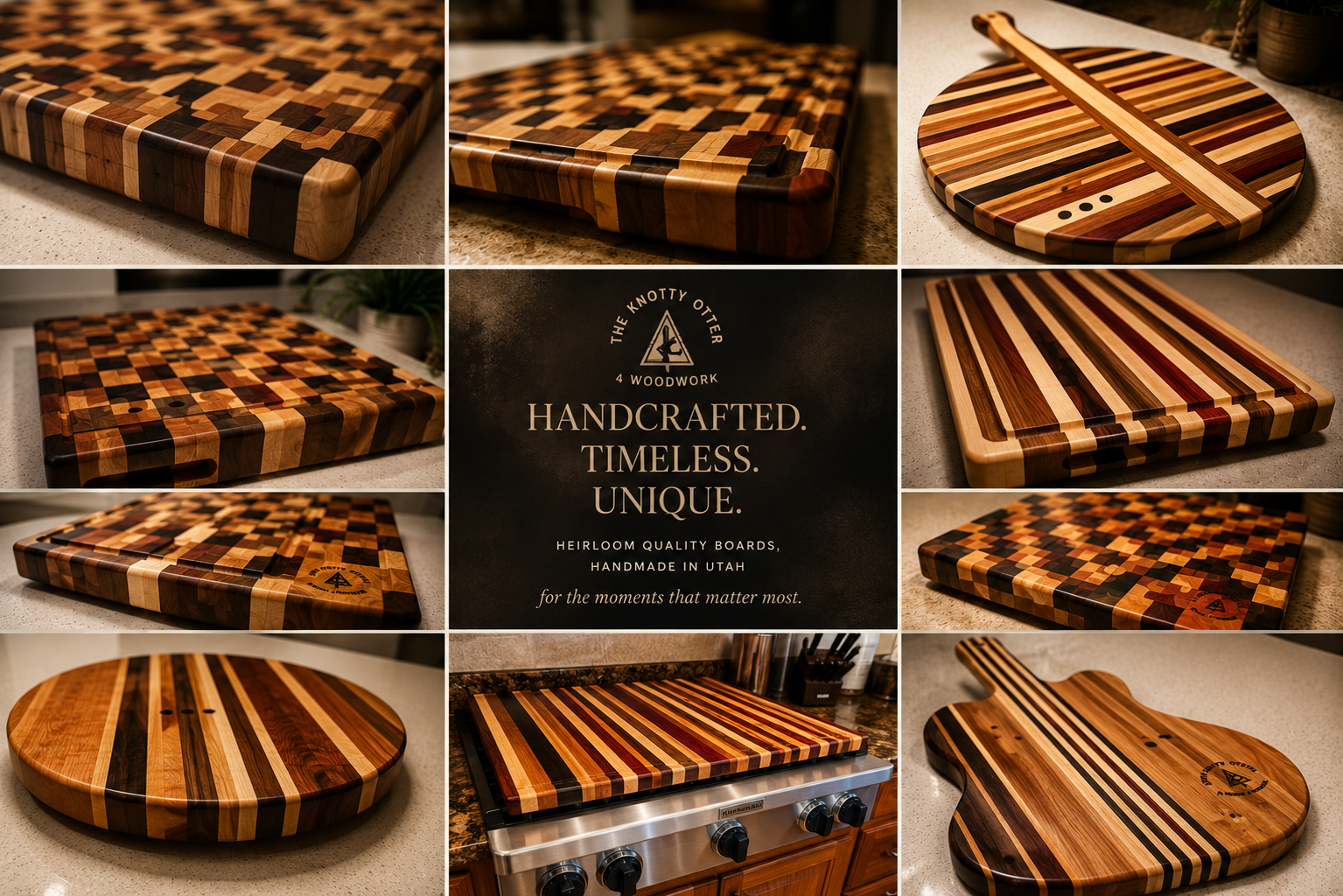 End-grain walnut and maple cutting board on a workbench